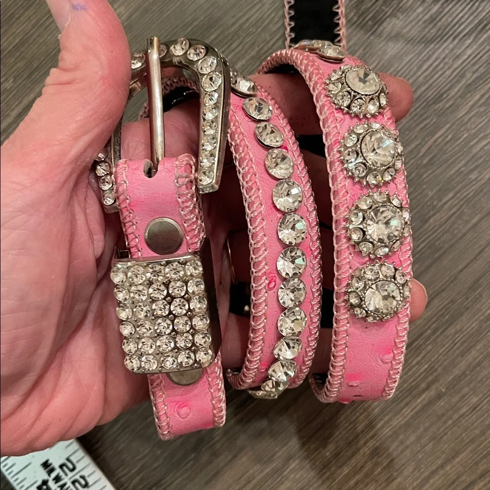 SHYANNE GIRL'S OSTRICH PRINT RHINESTONE BELT Pink Rhinestone Studded Belt